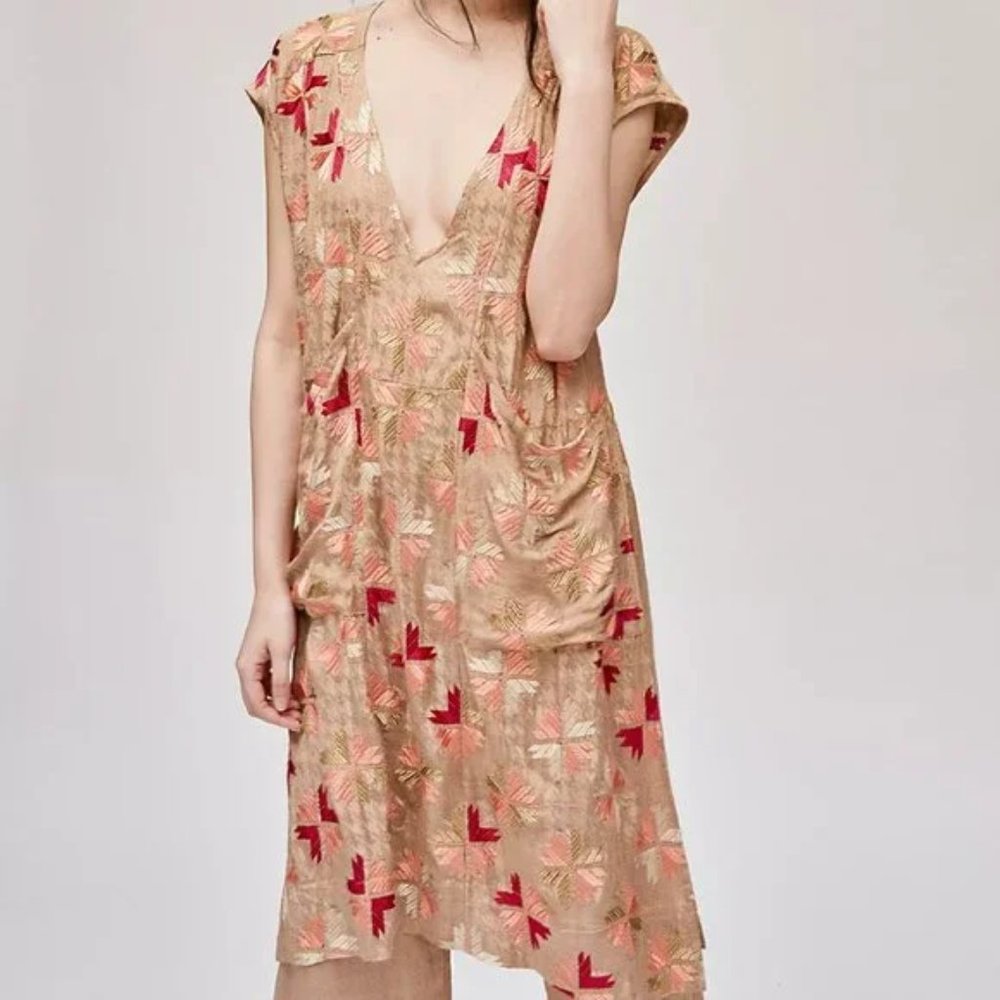Free People Boho Embroidered Long Tunic Top Women Size 4